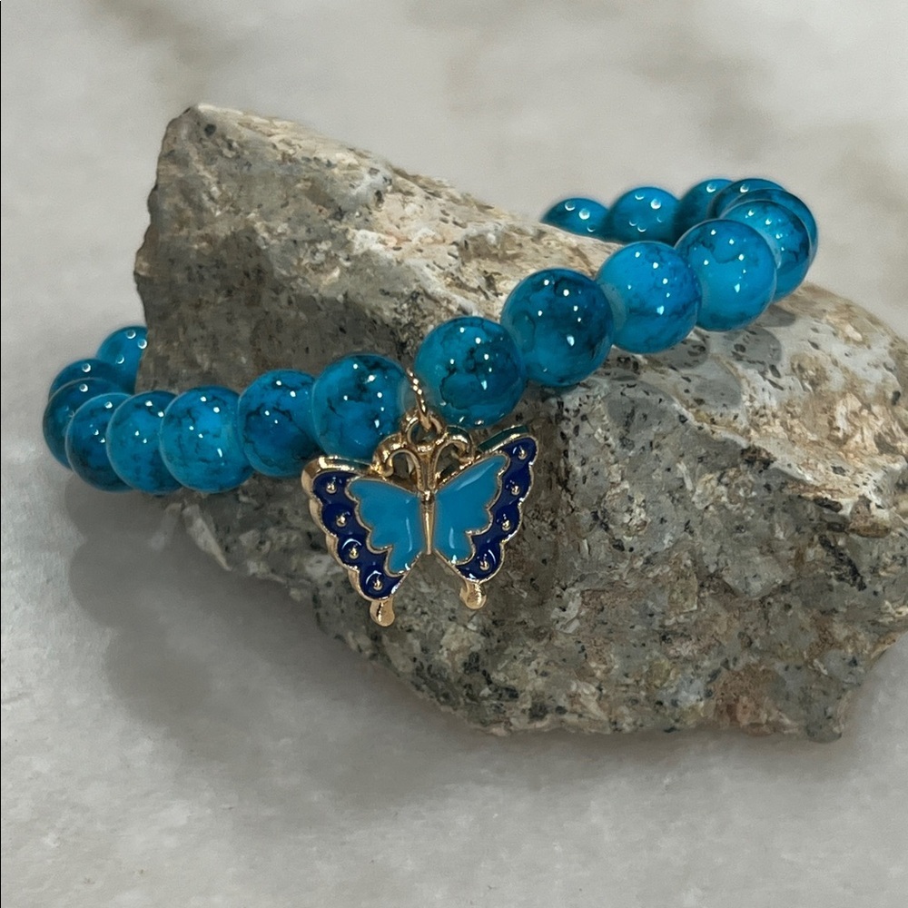 Blue Beaded Bracelet With Butterfly Charm